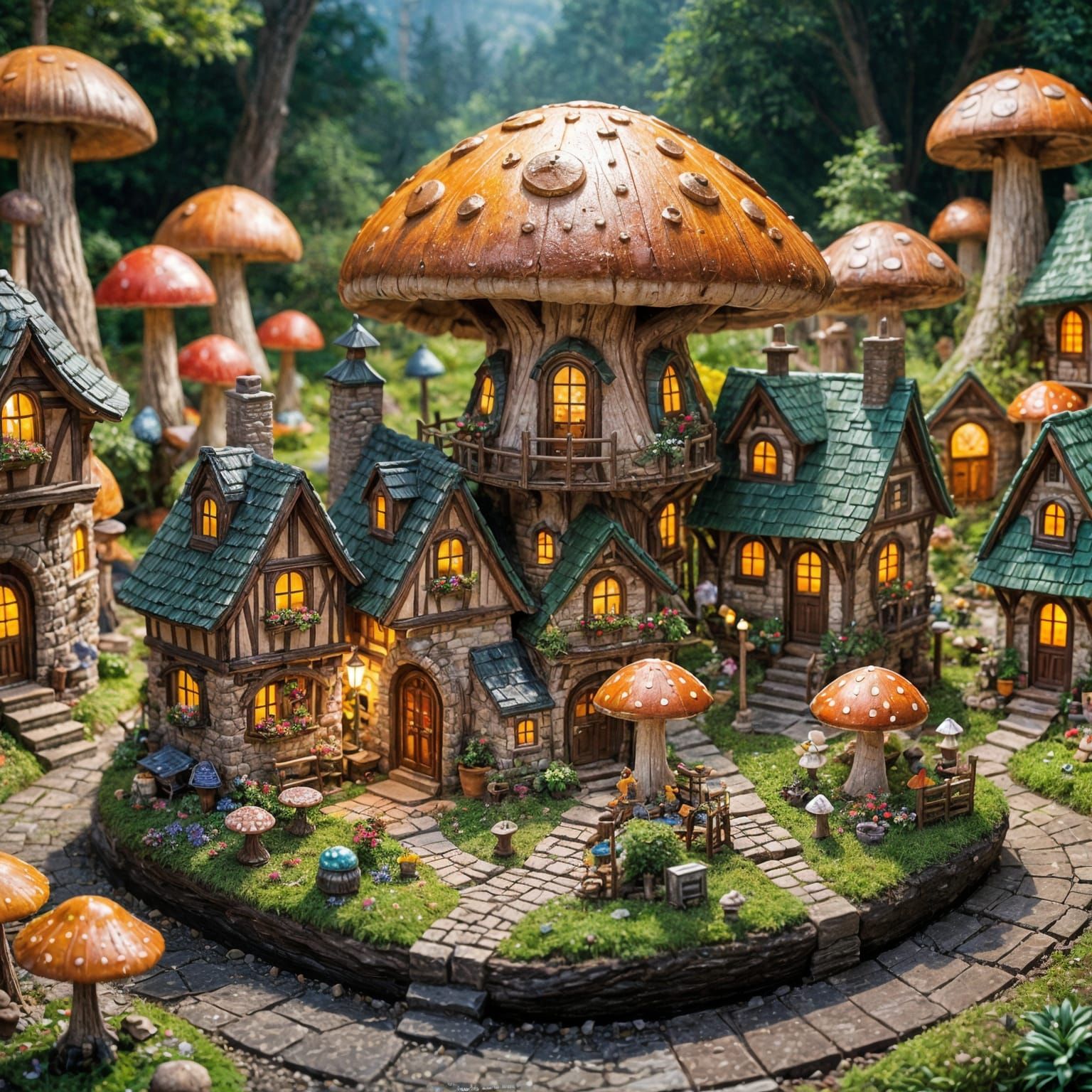 Miniature Village Nestled in Giant Mushroom
