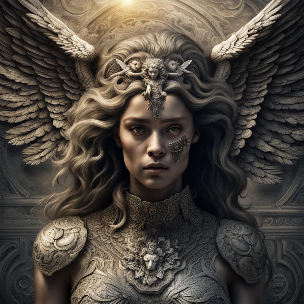 Majestic Woman-Headed Lion Creature with Angel Wings