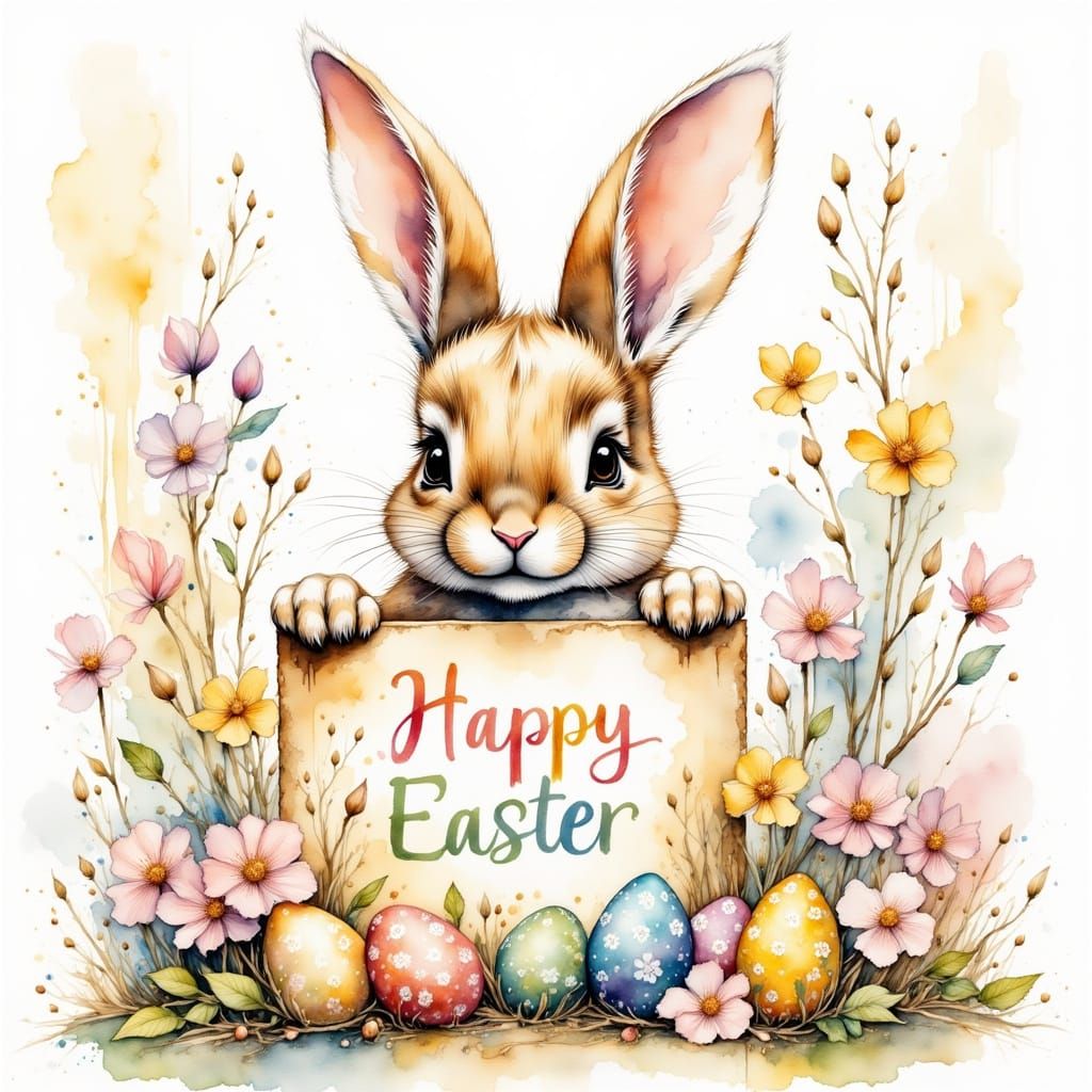 Colorful Easter Bunny Holding Happy Easter Sign with Eggs in...