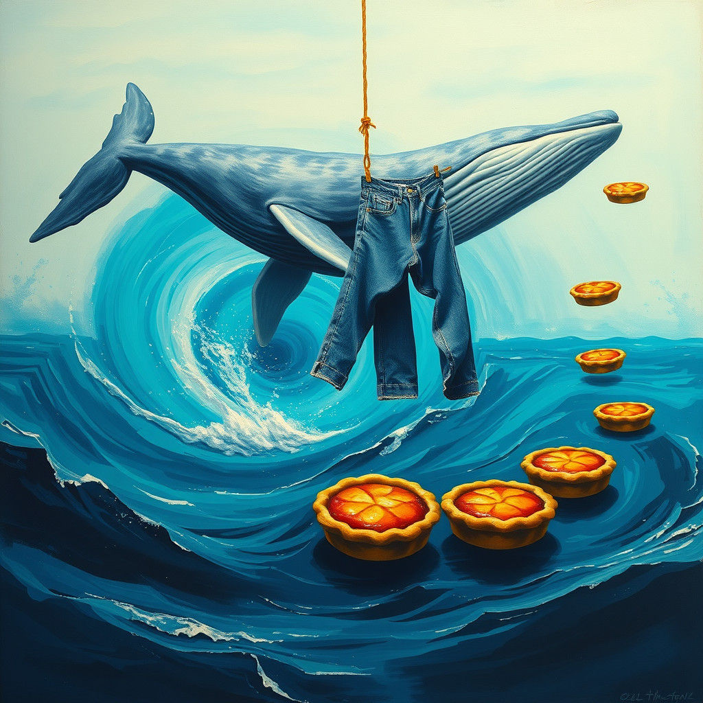 Surreal Whale Breach with Floating Jeans and Pies