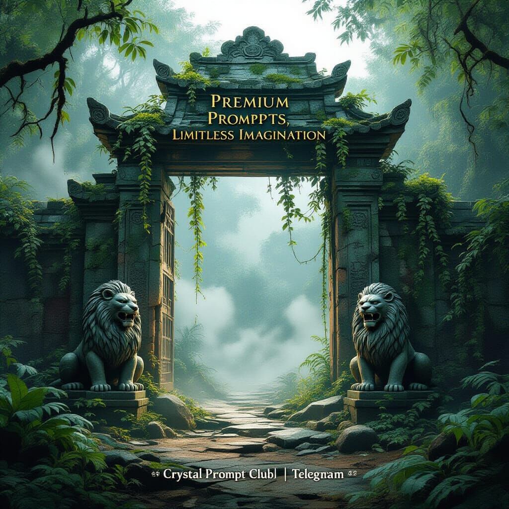 Mystical Jungle Gate with Stone Lions in Detailed Matte Styl...