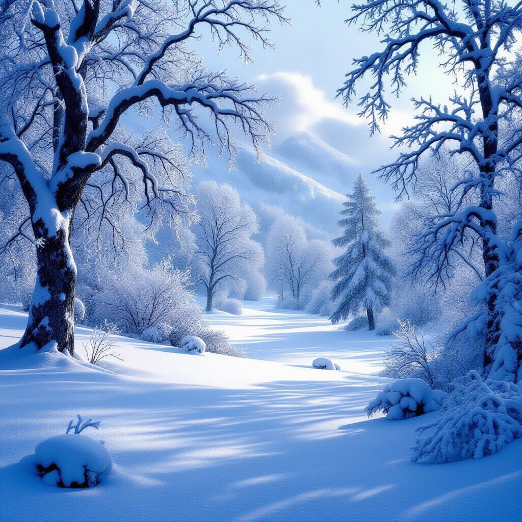 Enchanted Winter Landscape: Sparkling Snow and Ethereal Ligh...