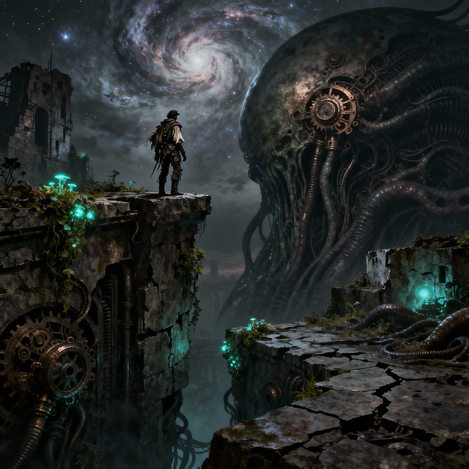 Steampunk Adventurer on Alien Ruin Under Nebula Sky