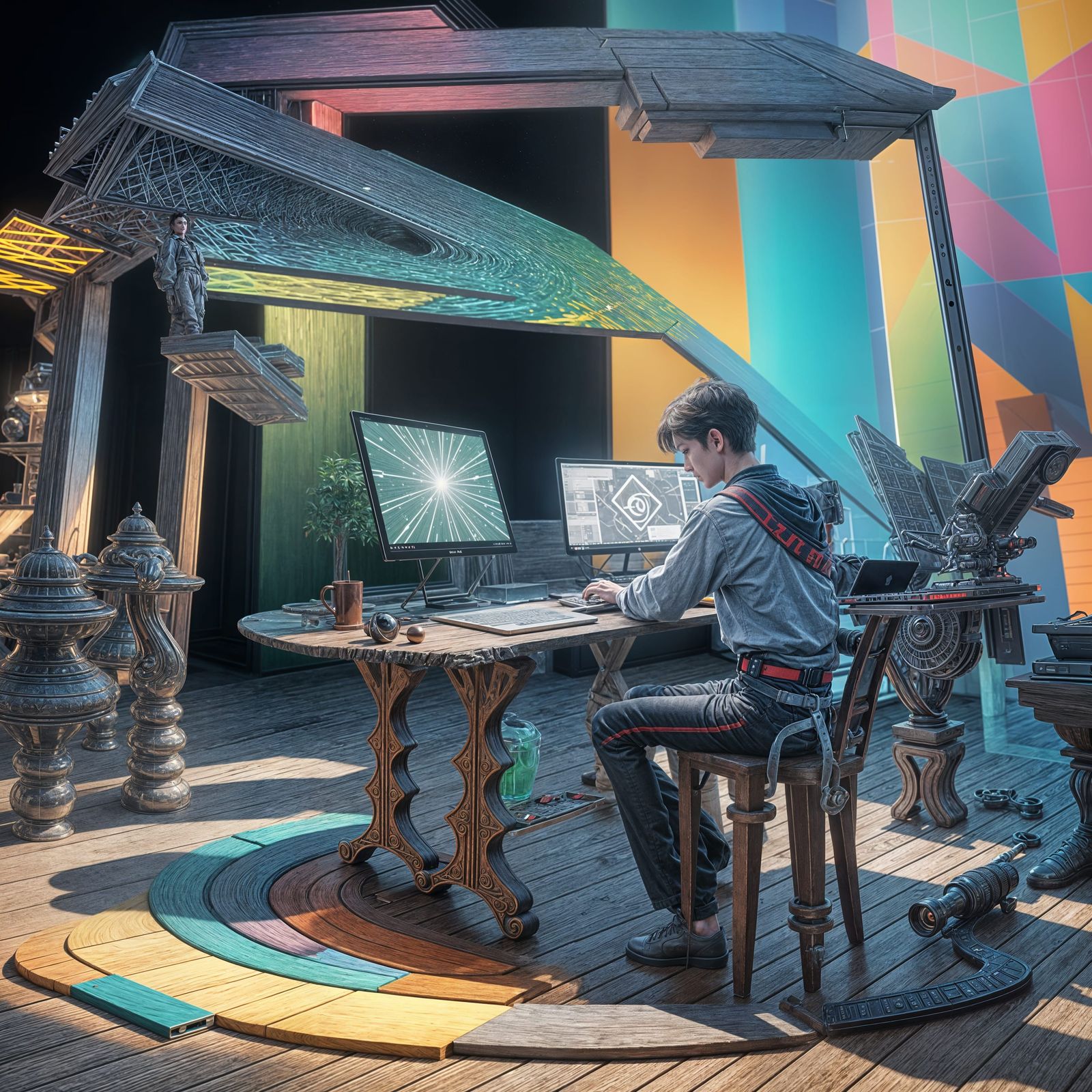 Animated Boy in Cyberpunk Attire Typing on Laptop