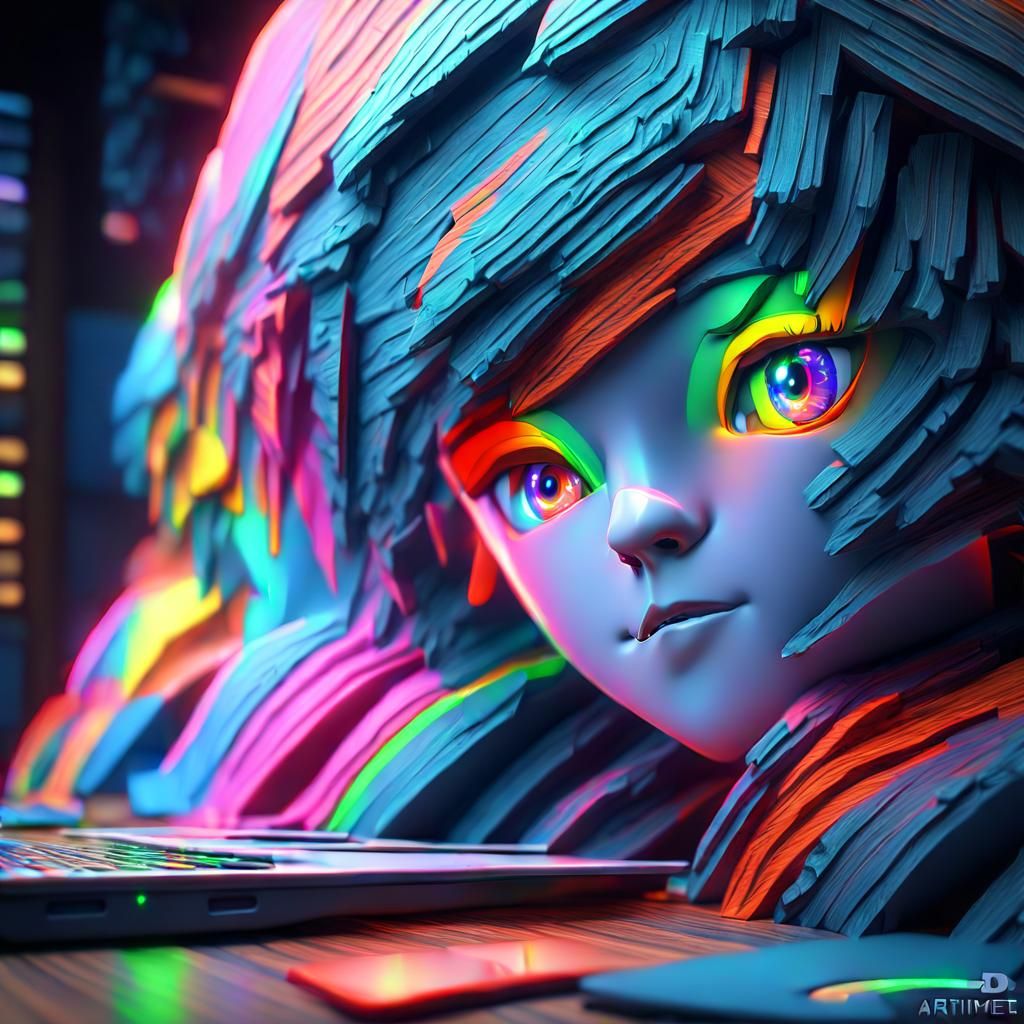 Anime-Inspired Boy in a Dimly Lit Room, Typing on Laptop