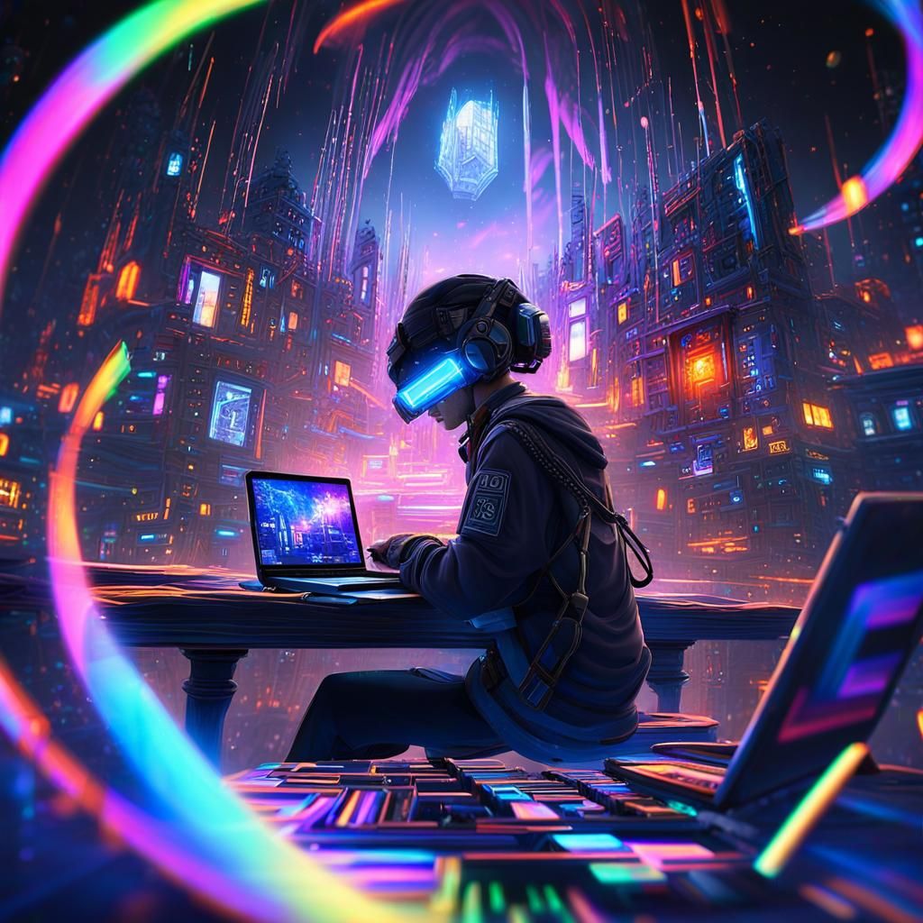 Vibrant Anime Boy Typing on Wood: WLOP-Inspired Concept Art