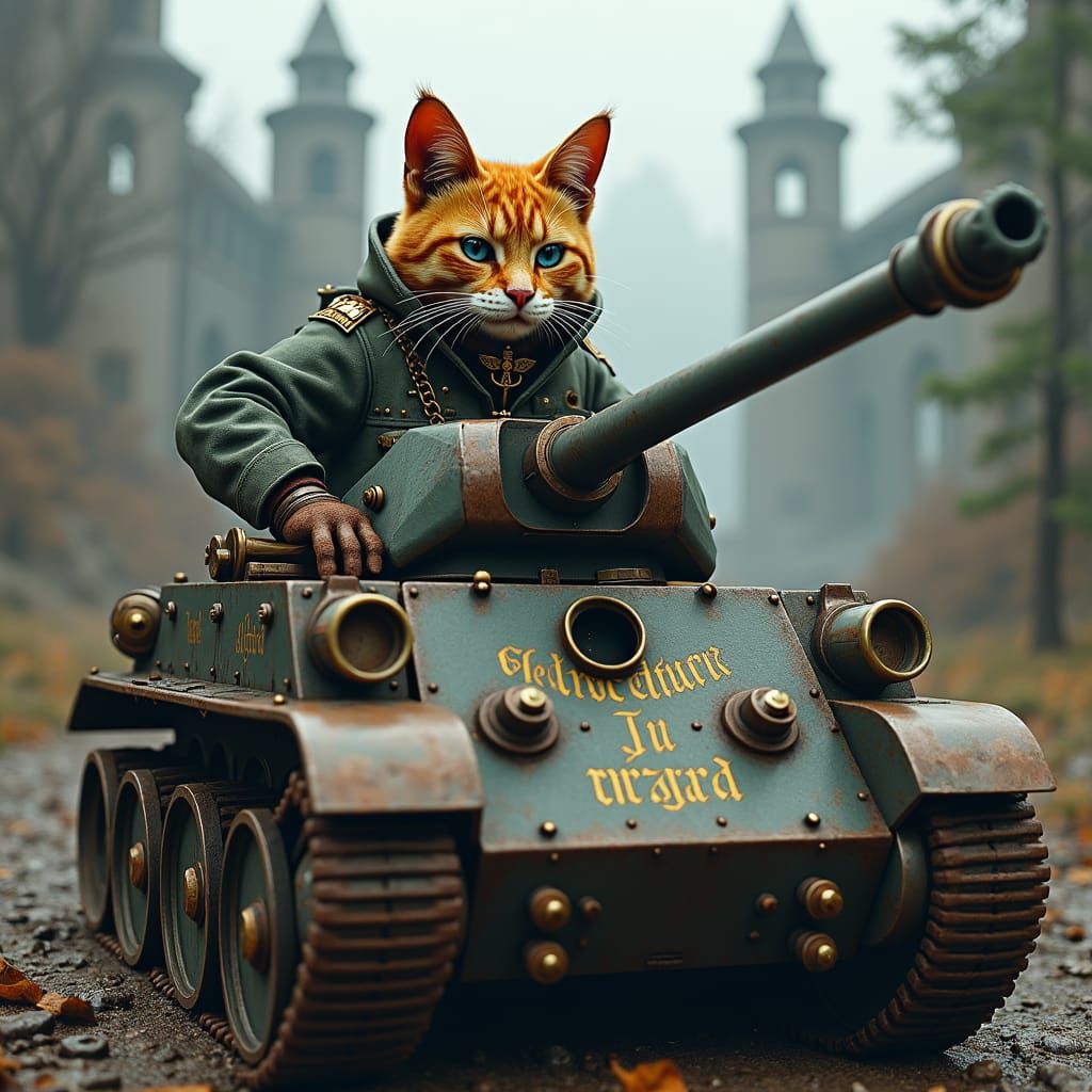 Steampunk Cat Soldier Driving Tank on Battlefield
