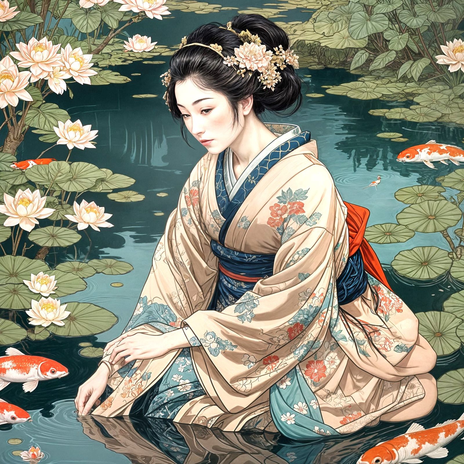 Portrait of a shy Geisha sitting at the edge of a Koi Pond.
...