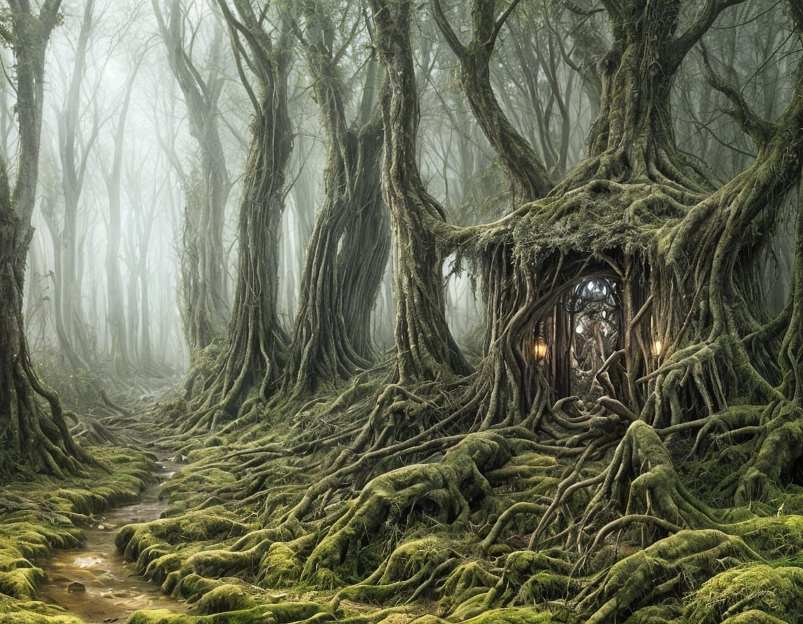 Eerie Monster Den in Fantasy Forest, by Luis Royo