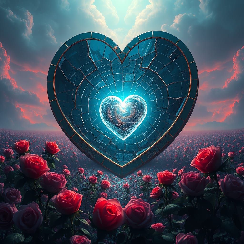 Shattered Heart Mirror in Surreal Landscape