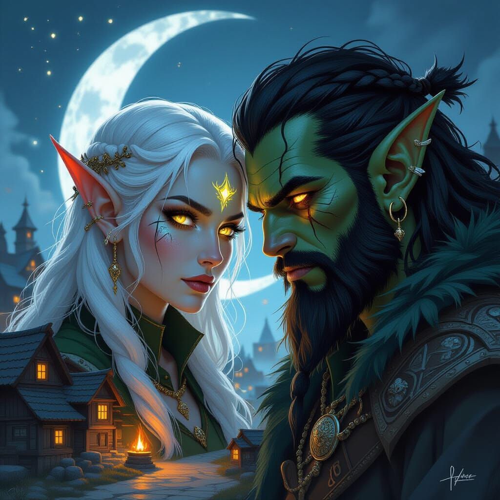 Bioluminescent Elf and Orc Faces in Yin Yang Harmony