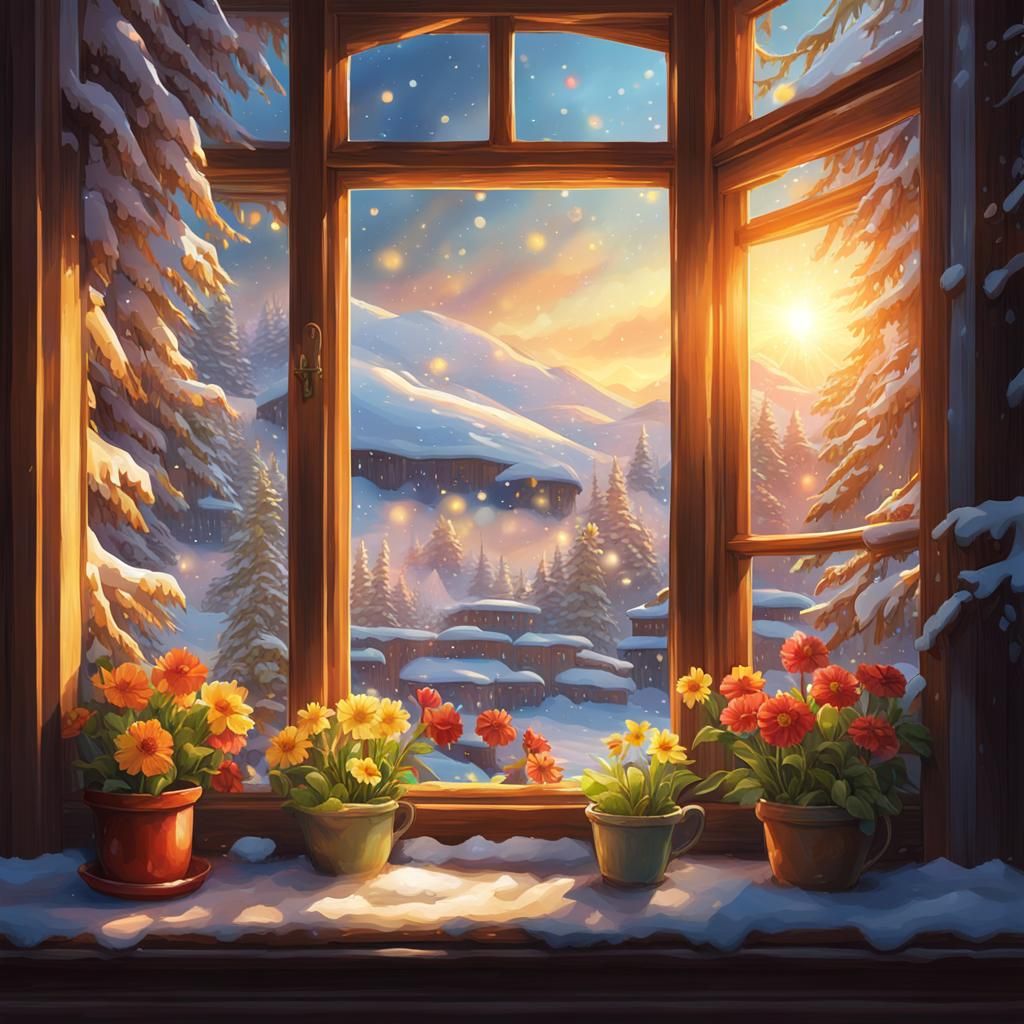 Spring Emerges From Winter Window, Hyperdetailed Art