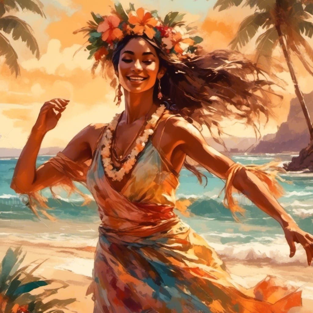 Hawaiian Hula Dancer on Tropical Beach in Impressionism Styl...