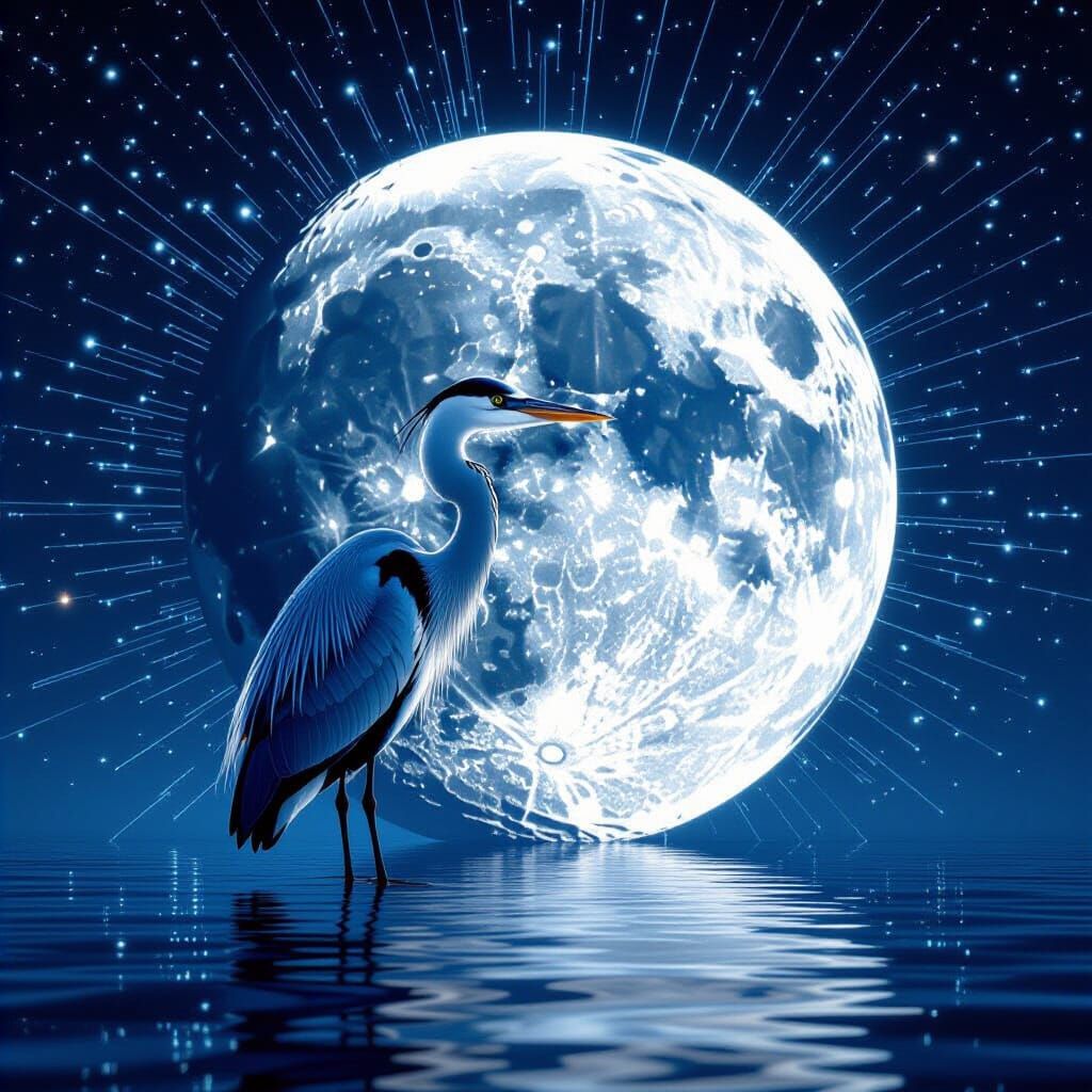 Surreal Heron on Glowing Moon in Cyberpunk Style