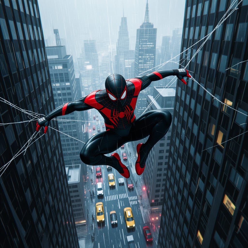 Spiderman Plummets Down Wet Skyscraper in Rain