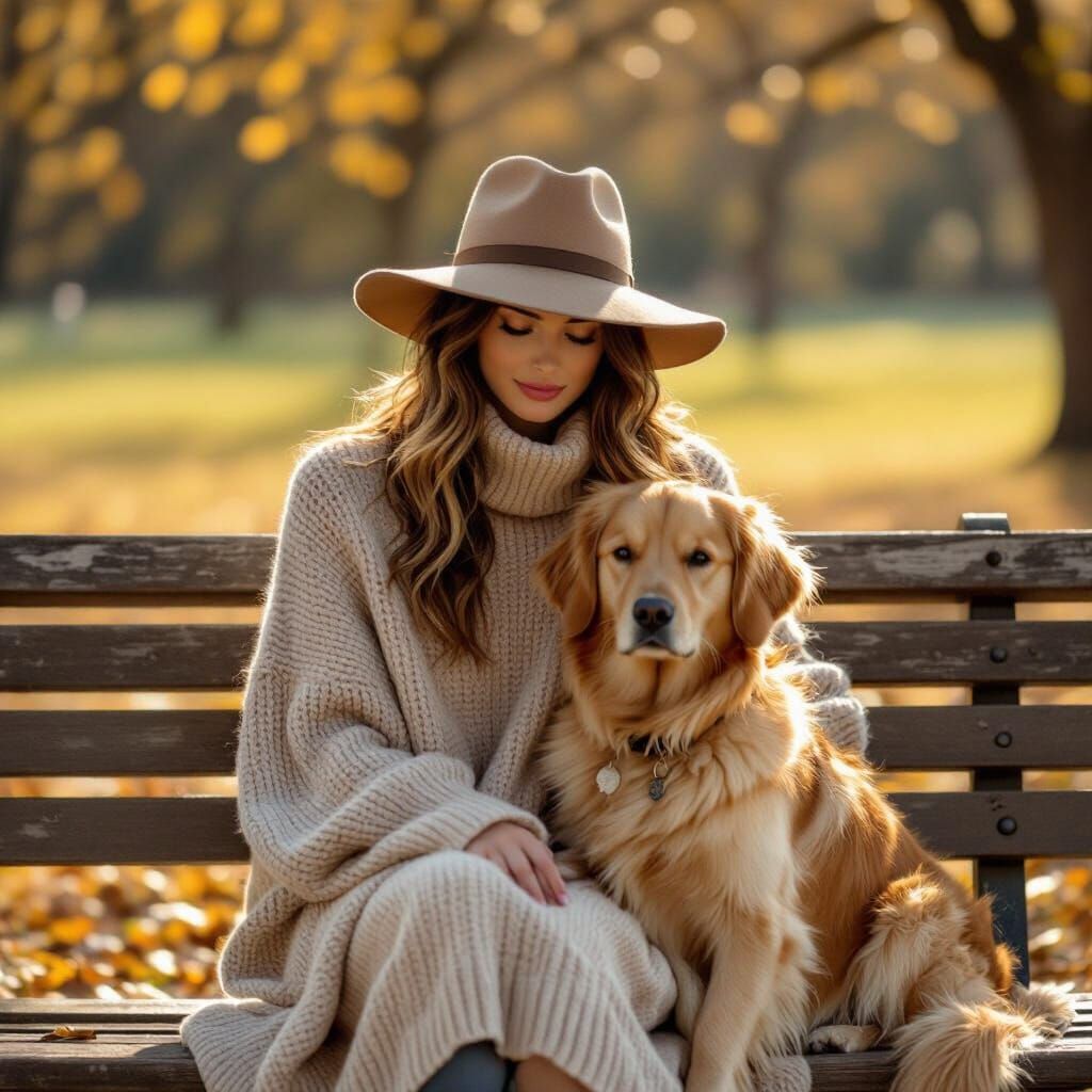 Golden Retriever and Woman in Sunlight, Cinematic Style