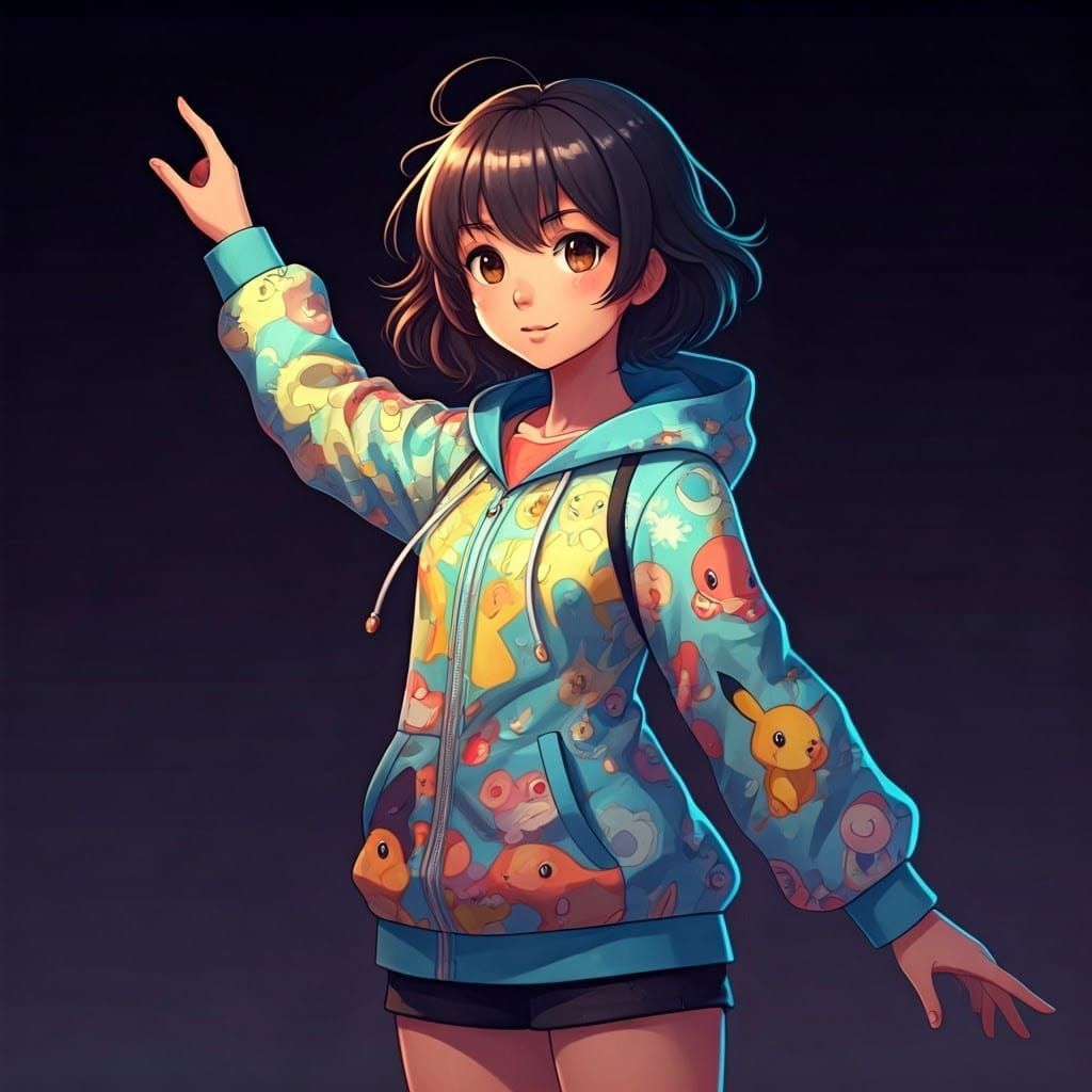 Vibrant Anime Girl in Pokémon-Themed Hoodie