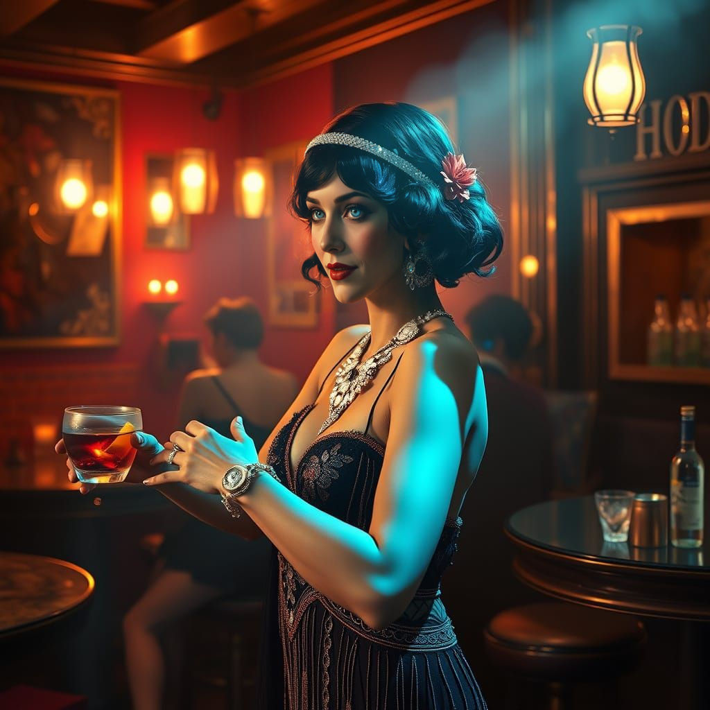 Flapper Dancer in 1920s Speakeasy: Holographic Illustration