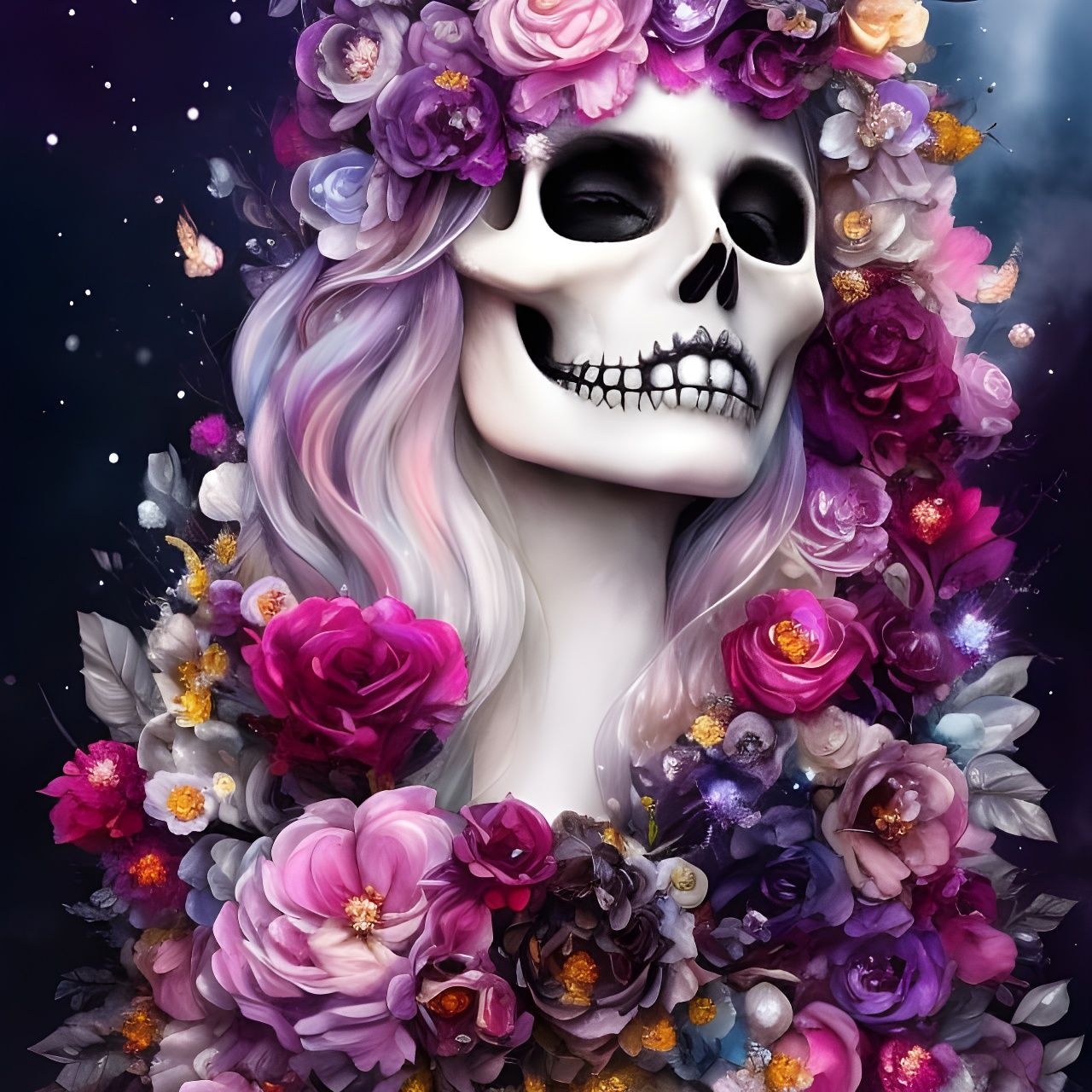 Sparkling Skull Queen with Dripping Flowers, Watercolor Art