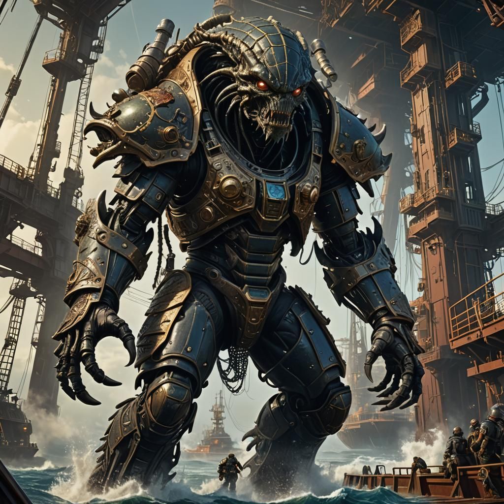 Armored Alien Attack on Oil Rig: Dark Fantasy Art