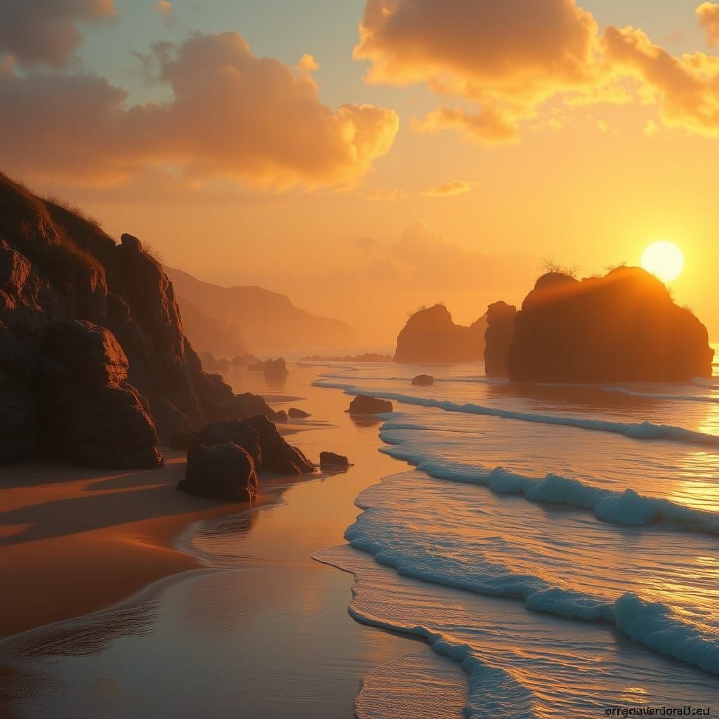 Sunset on a Tropical Beach in a Dreamlike Digital Art Style