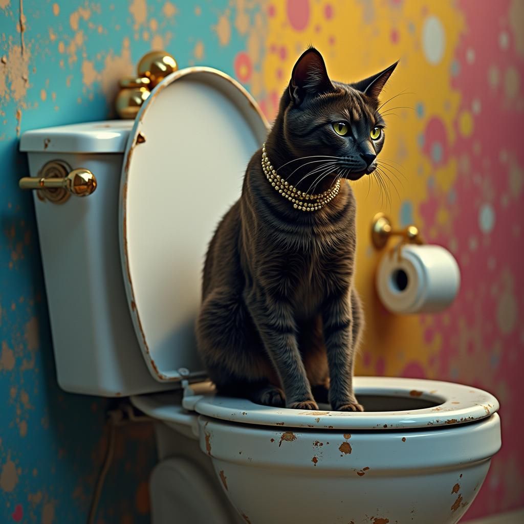 Hyperrealistic Tortoiseshell Cat on Toilet