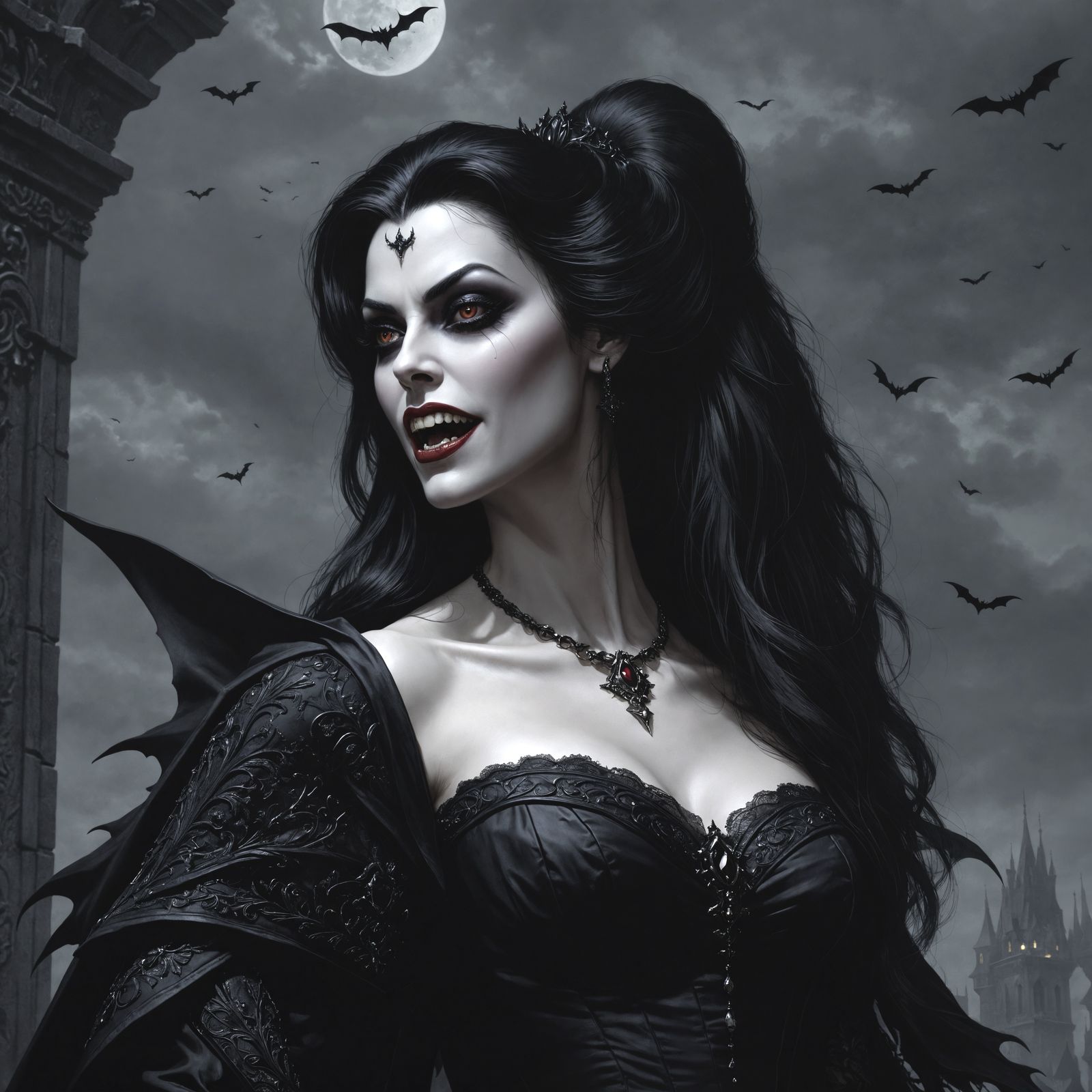 Elegant Vampire with Fangs in Gothic Horror Style