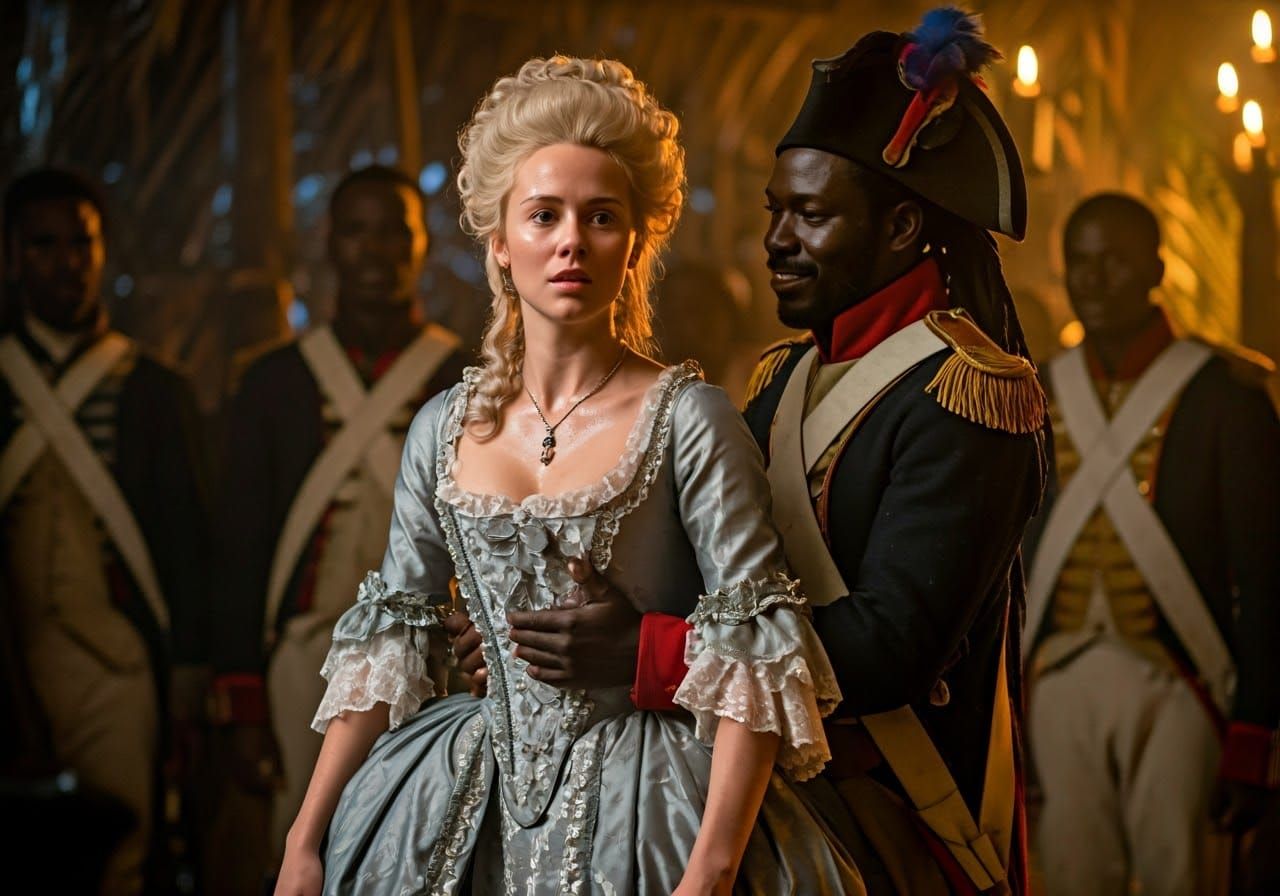 Rococo Countess and Haitian Soldier in Dramatic Chiaroscuro