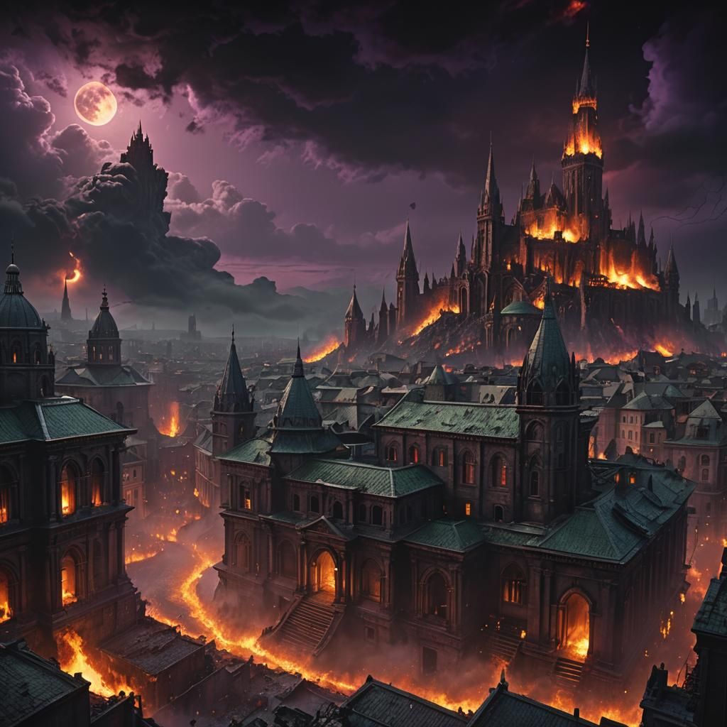 Burning City Under Black Moon: Dark Fantasy Art