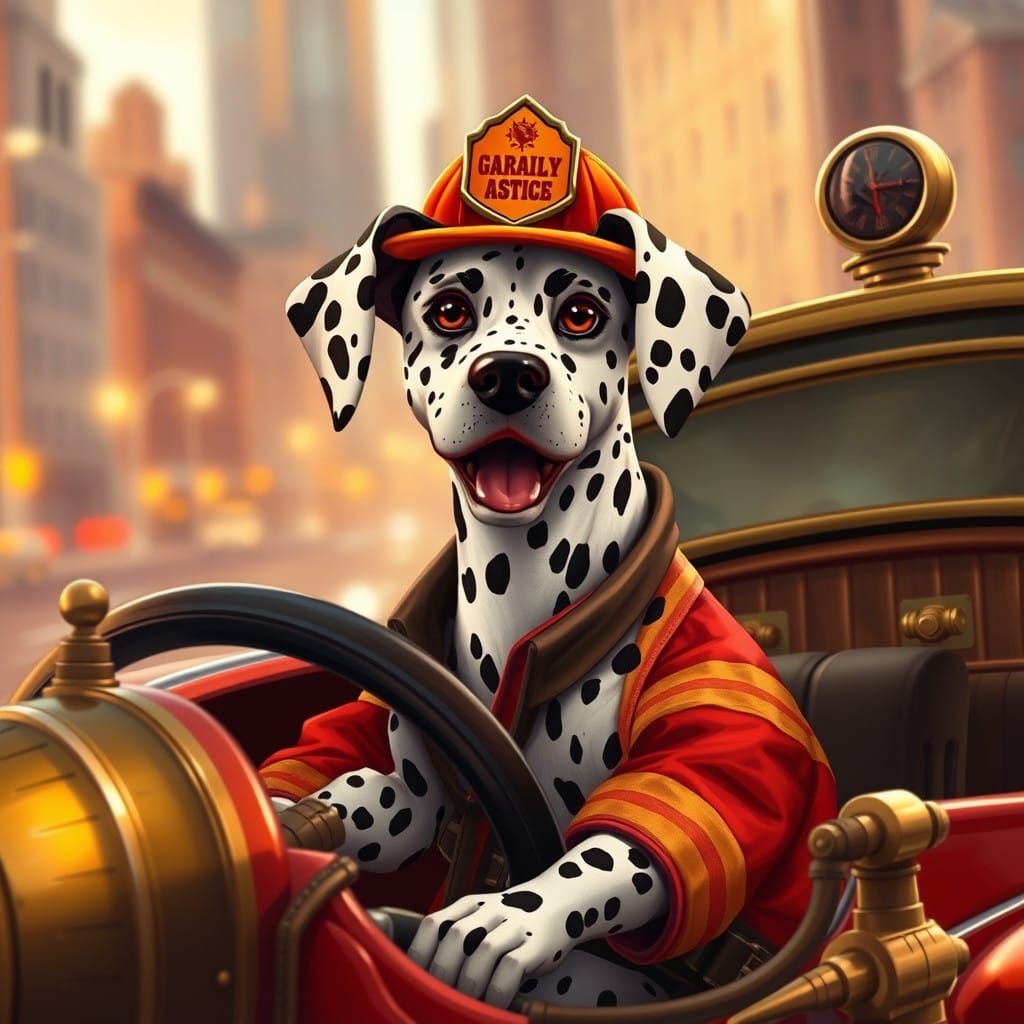 Futuristic Firefighter Dalmatian Drives Vintage Firetruck Am...
