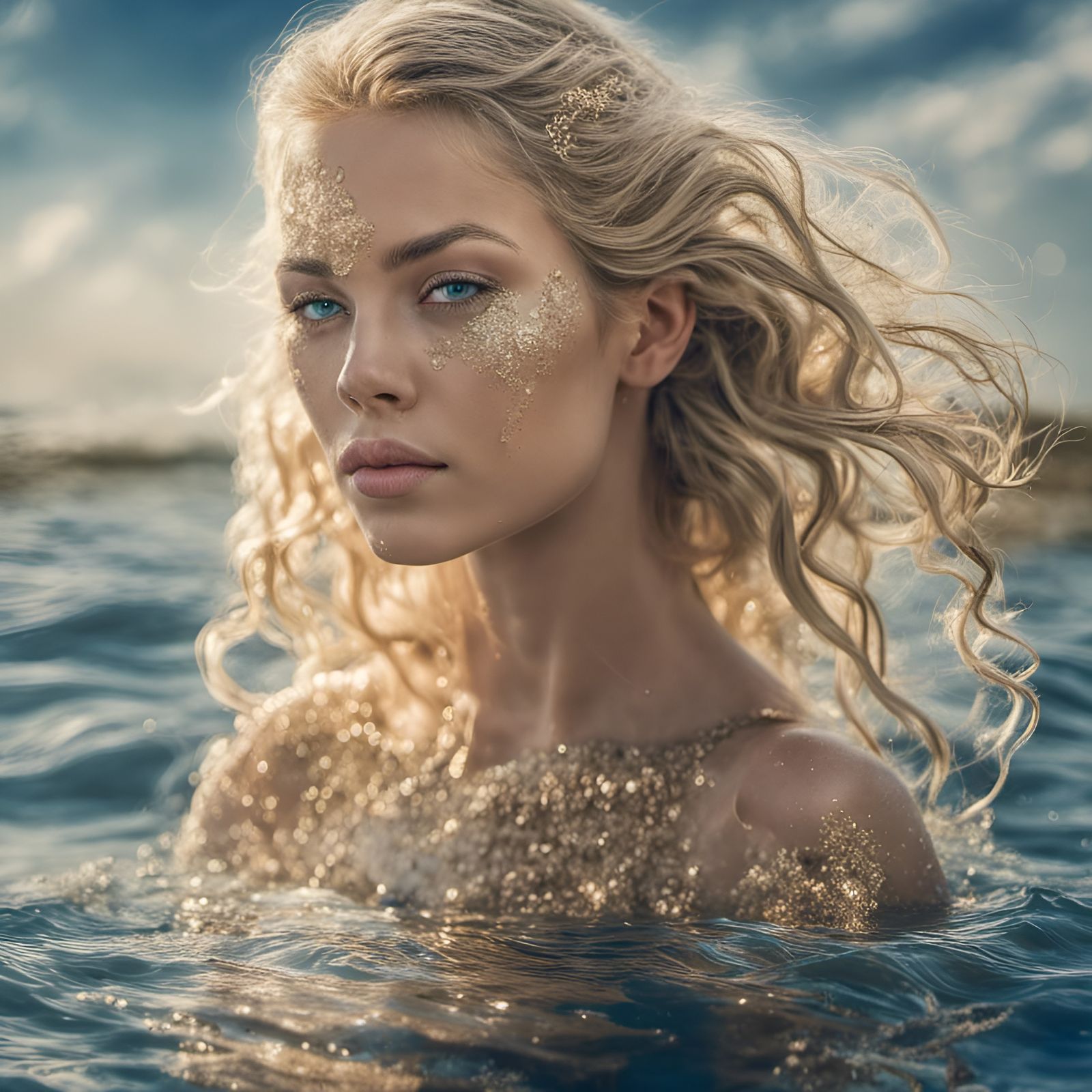 Blonde Woman in Water at Twilight with Golden Face