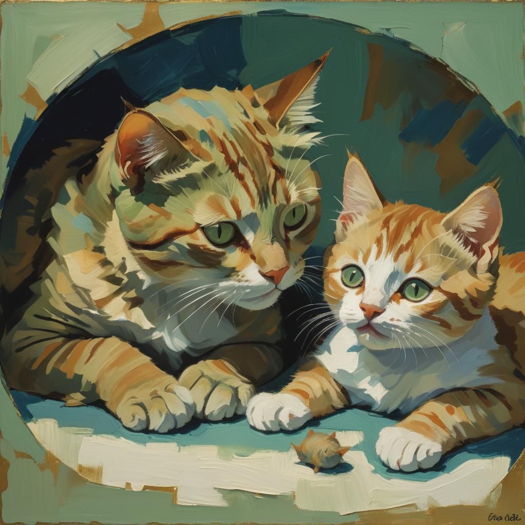 Expressionist Cat and Kitten Portrait in Gouache Style