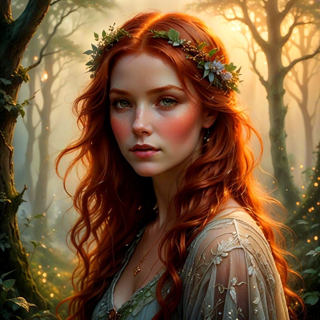 Ethereal Fantasy Redhead in Whimsical Misty Landscape