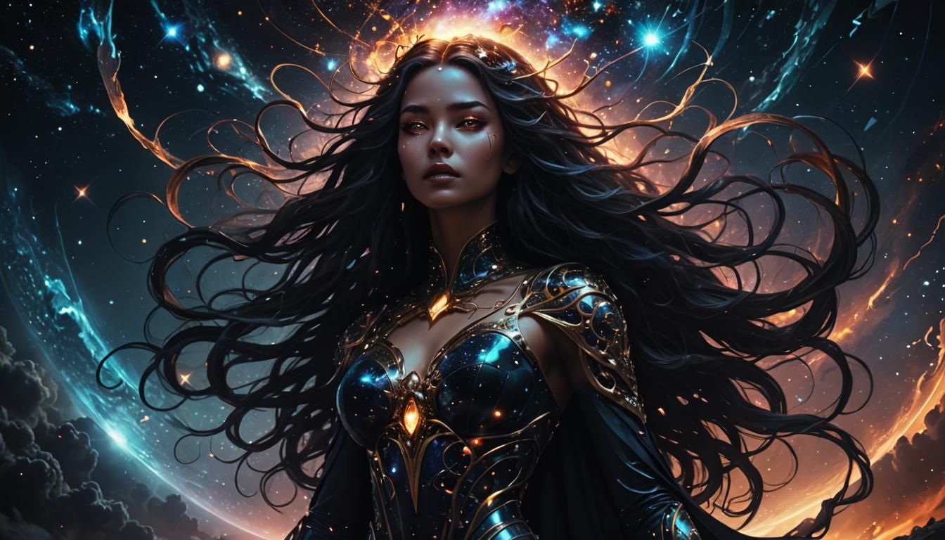 Evil Goddess Creates Dark Cosmos in Surreal Digital Art