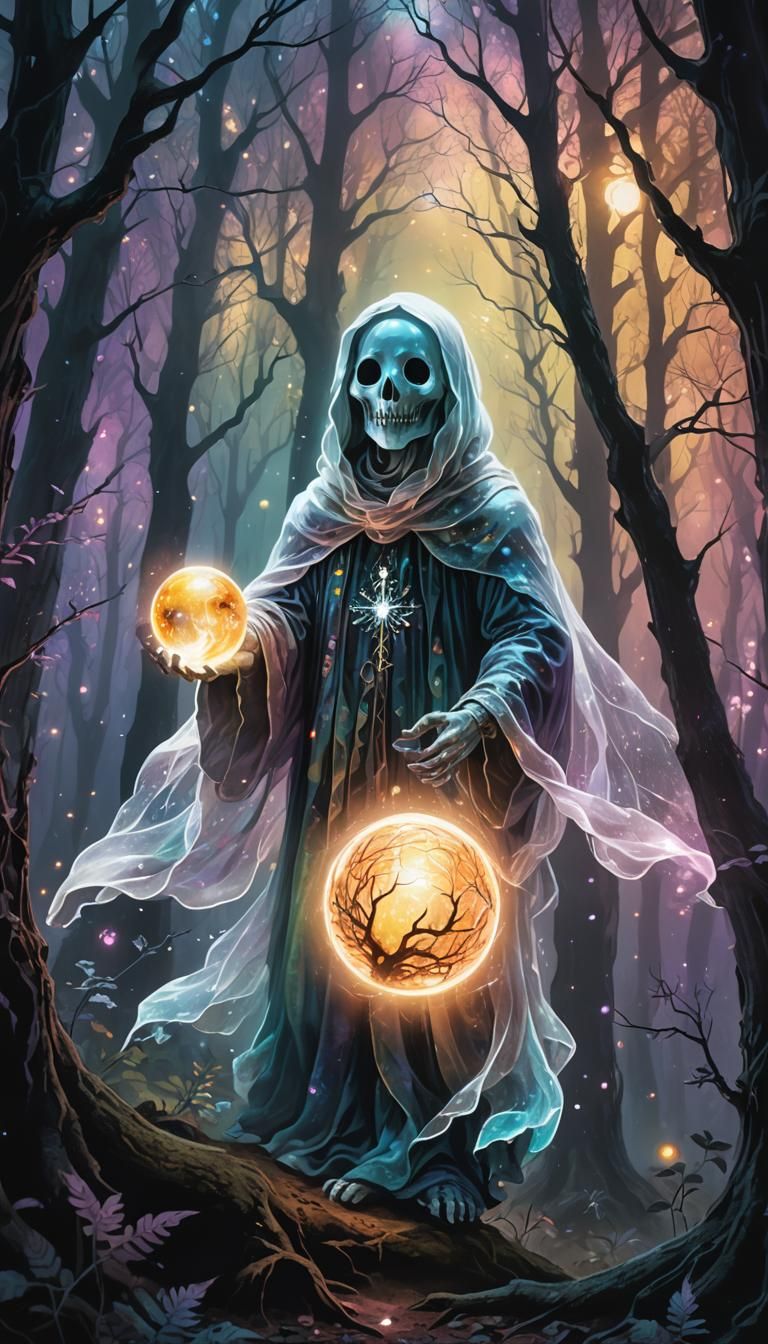Cute Ghost in Mystical Forest: Astral Illustration