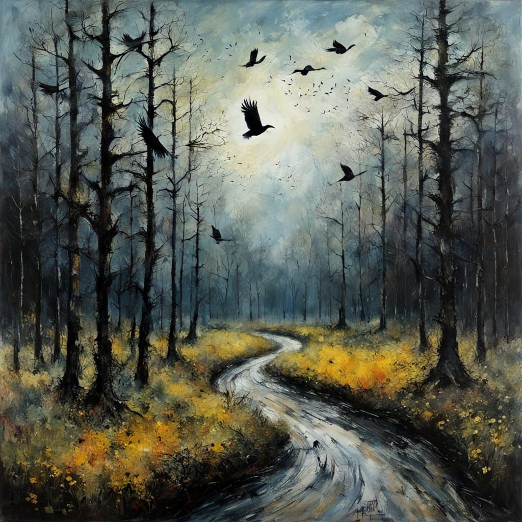 Crows Guarding Forest Path as Expressionist Painting