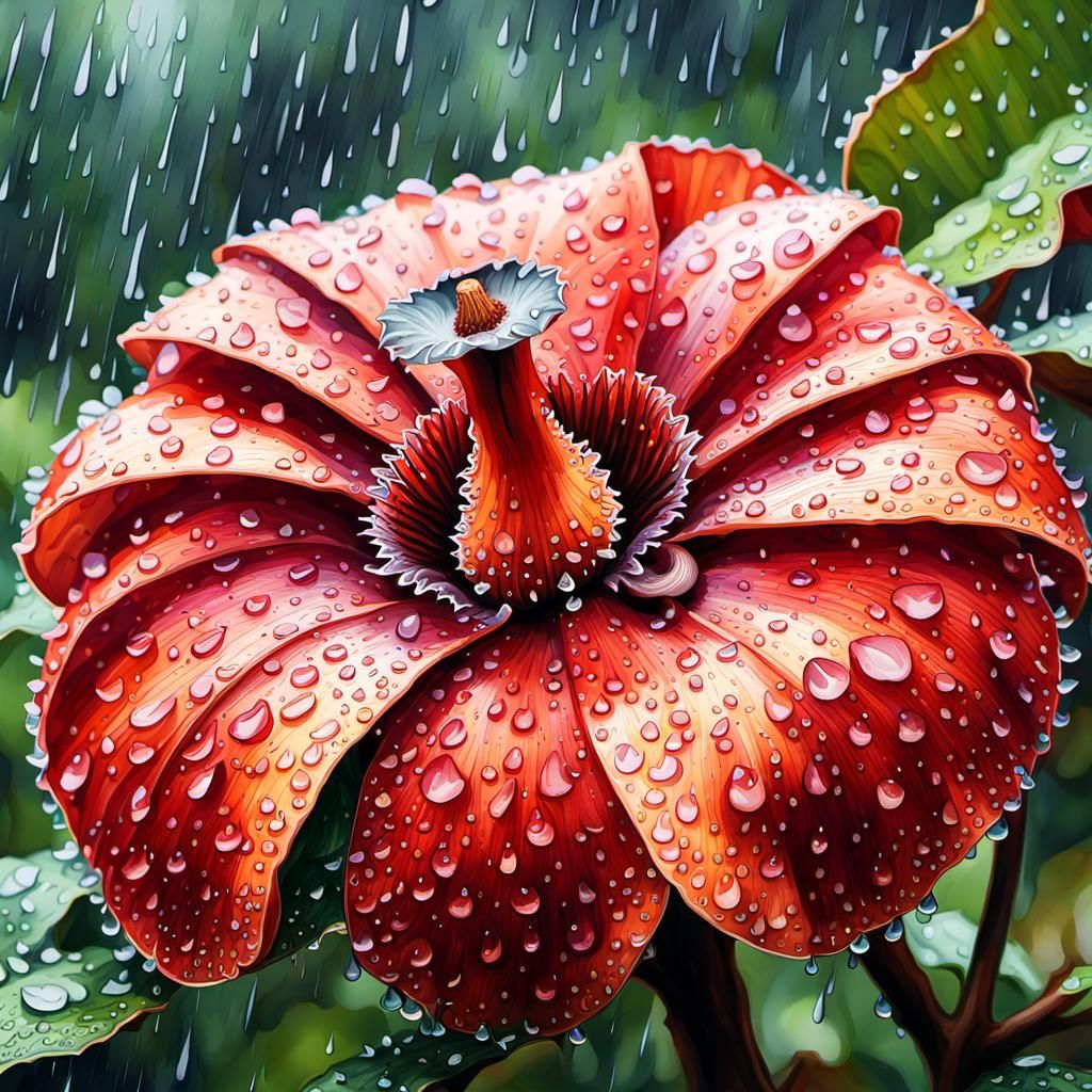 Rafflesia Flower in Rainy Garden: Digital Watercolor