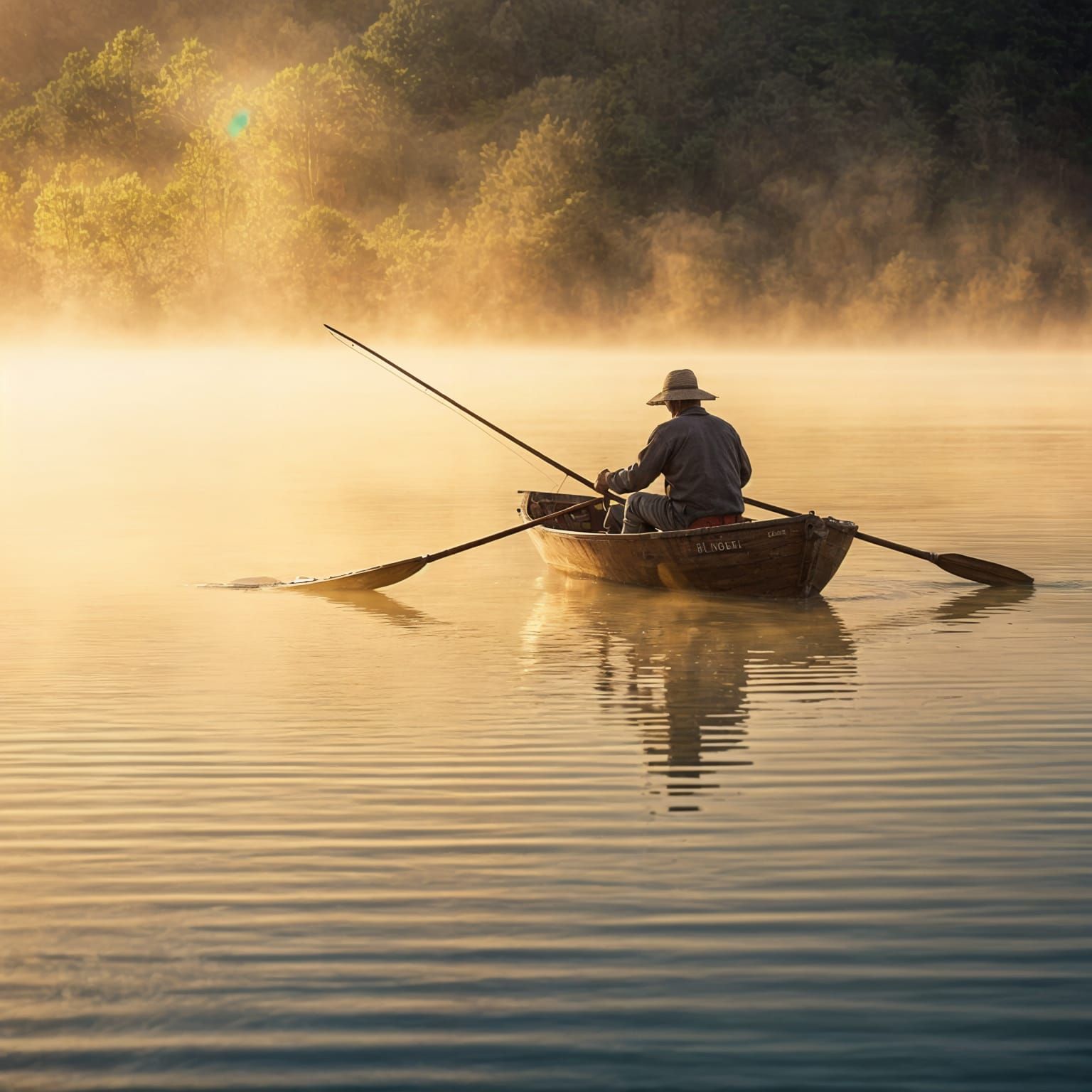 Fisherman at Dawn on Misty Lake in Cinematic Style