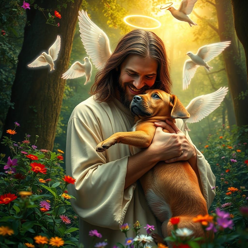 Jesus Christ with a Rhodesian ridgeback puppy smiling hugging in an enchanted forest with angels
