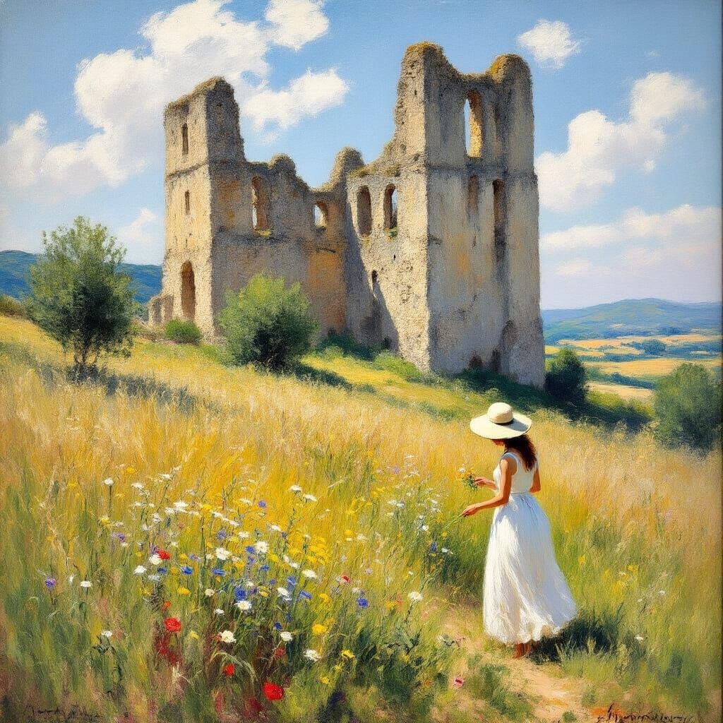 Impressionist Ruined Castle Landscape in Oil