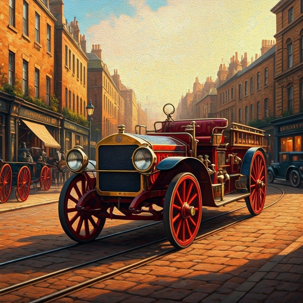 Victorian Fire Engine in Bustling Street, as Oil Painting