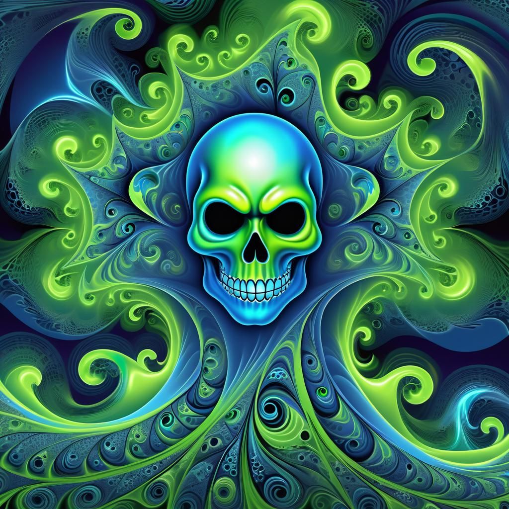 Blue Flaming Ghost with Green Eyes in Fractal Style