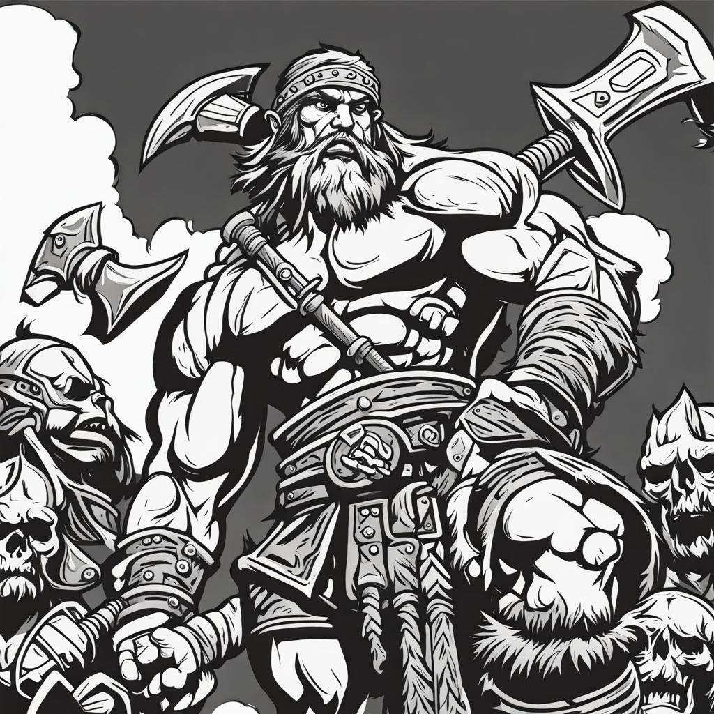 Barbarian with Axes: 2D Black and White Line Art