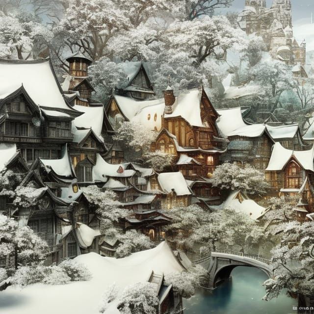 Hyperdetailed Snowy Town in Fantasy Art Style