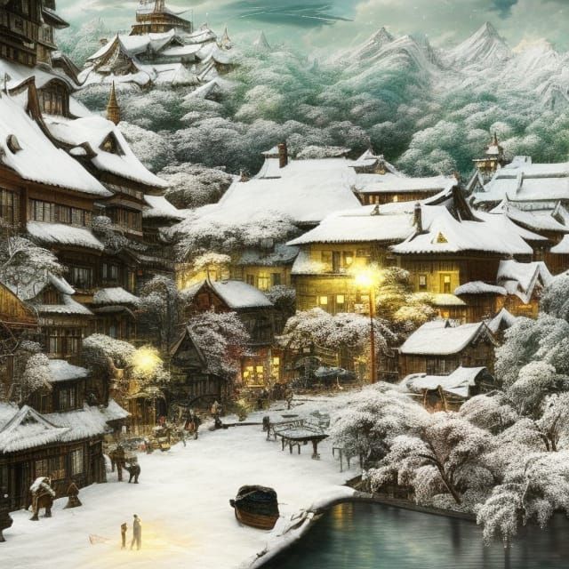 Detailed Snowy Town Fantasy Art
