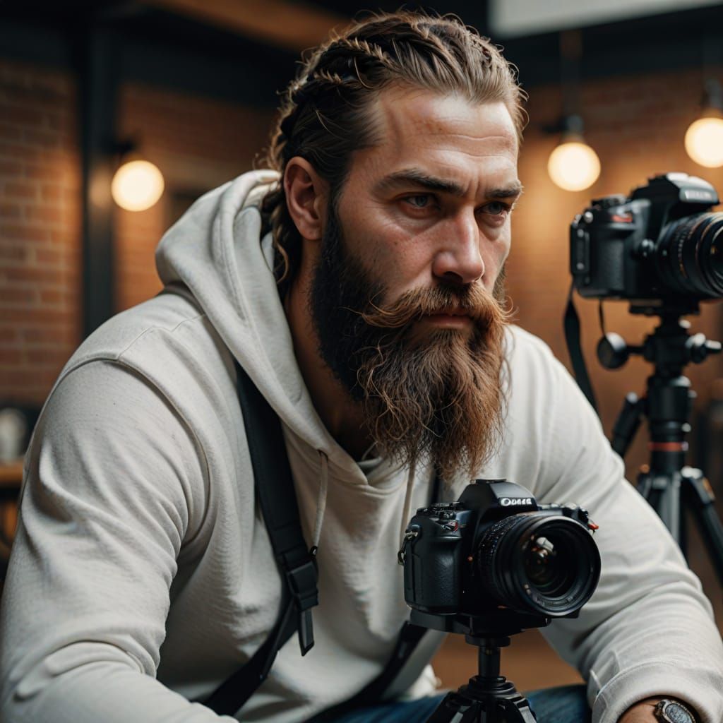 Man with Beard and Braids with DSLR Camera