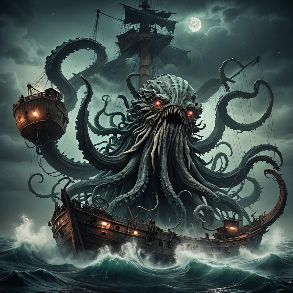 Kraken Attacks Ship in Dark Fantasy Digital Art