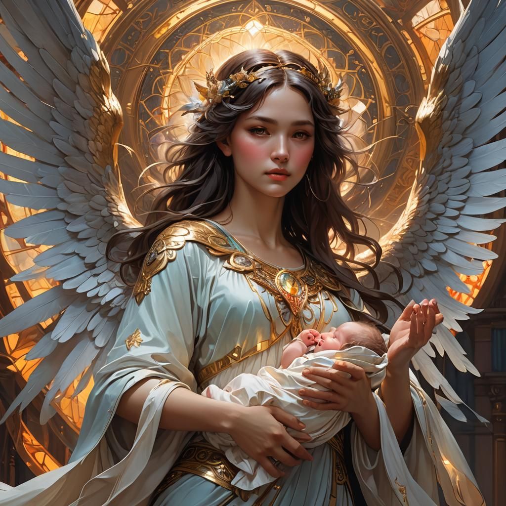 Angelic Portrait of Newborn Child in Art Nouveau Style