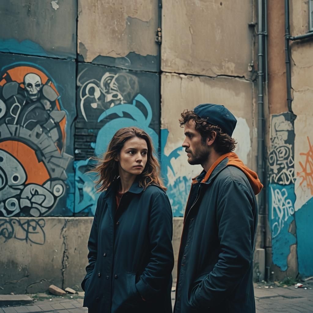 Intense Urban Scene with Cinematic Lighting and Film Grain