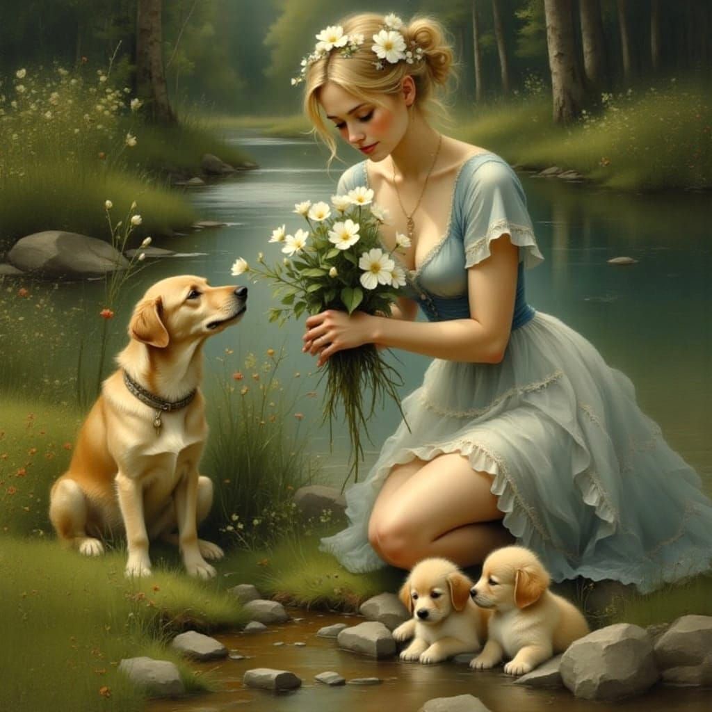 Woman with Puppies by River as Oil Painting